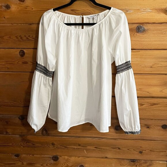 Elizabeth & James Top Womens Peasant White Embroidered Smocked Sleeve Boho Large - Picture 2 of 11